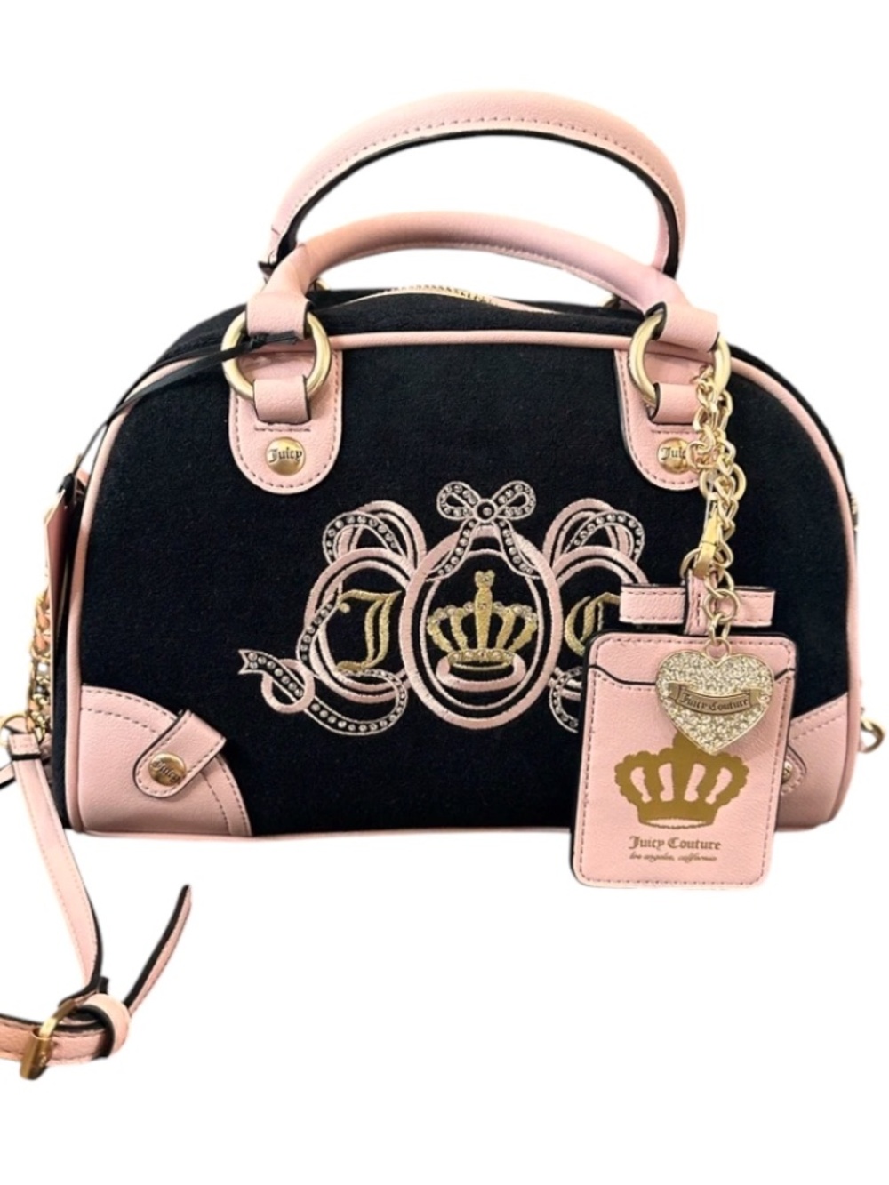 Juicy Couture Lovers Club Bowler Satchel Black Pink Velour Rhinestone Crown NWT